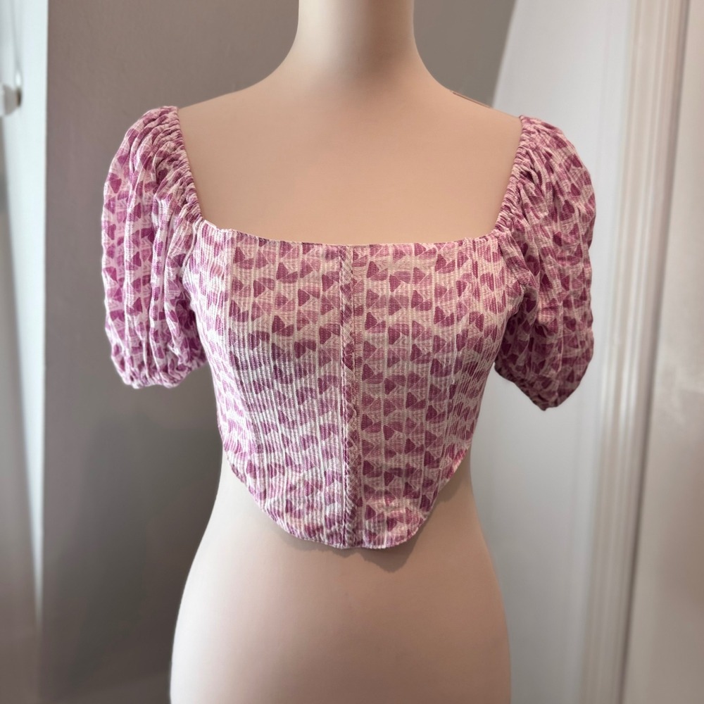 Sky to Moon Pink Puff Sleeve Corset Crop Top Geometric Print Size Medium